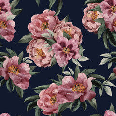 Seamless floral pattern with red, purple and pink roses on dark