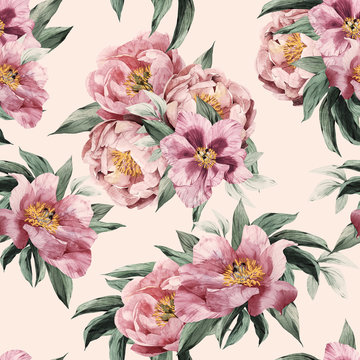 Seamless floral pattern with red, purple and pink roses on light