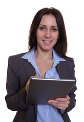 Lachende junge Geschäftsfrau mit Tablet Computer