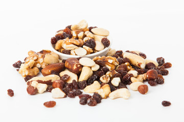 Mix of nuts close up on white.  mixed nut