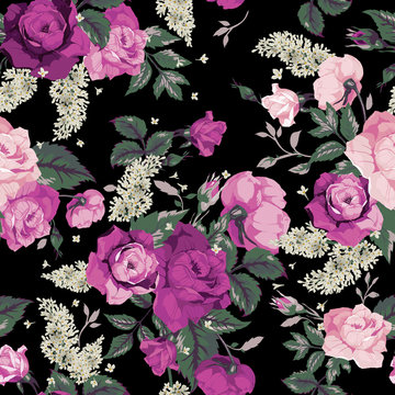Seamless floral pattern with pink roses on black background, wat