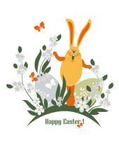 Easter illustration with flowers, eggs and rabbit