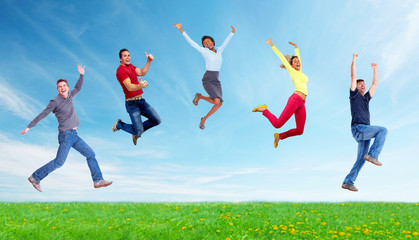 Happy running and jumping people group.