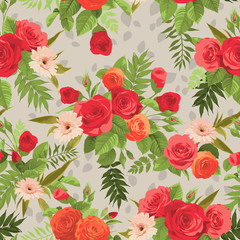 Seamless floral pattern with orange and red roses on light backg