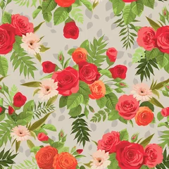 Poster Seamless floral pattern with orange and red roses on light backg © ola-la