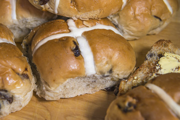 Stack of hot cross buns - closeup