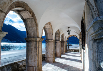 Museum`s archway in the old town Perast