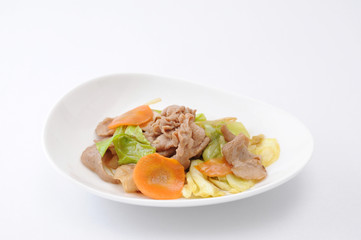 お皿にもった 肉野菜炒め おかず 白背景