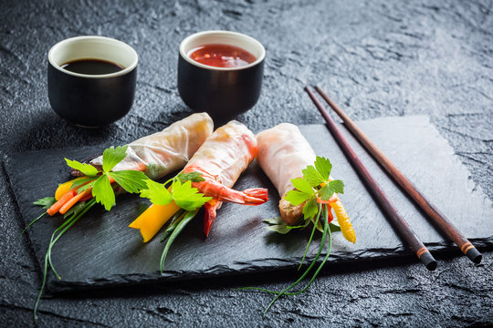 Spring rolls with vegetables served with soy sauce