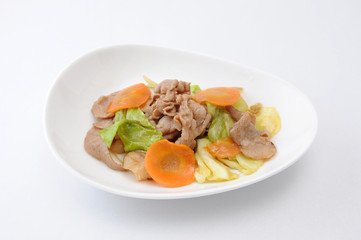 お皿にもった 肉野菜炒め おかず 白背景