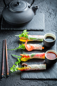 Closeup of spring rolls with vegetables