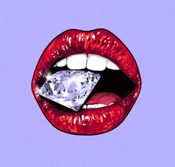 Naklejka premium Bright lips holding a sparkling brilliant. Violet.
