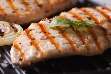 Chicken breast with onions and basil on the grill macro