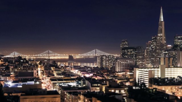San Francisco Bay Bridge lights and cityscape time lapse