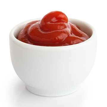 Ketchup In White Ceramic Ramekin. White Background.