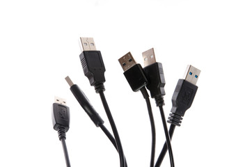 Many USB cable on white background