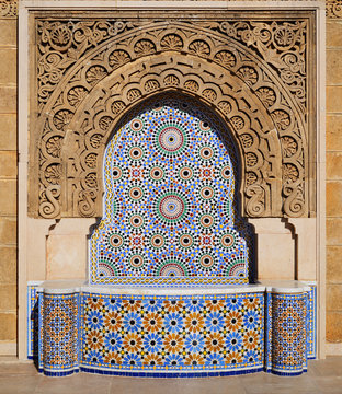 Morocco. Decorated fountain with mosaic tiles in Rabat
