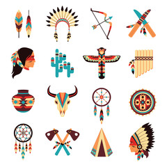 Ethnic american indigenous icons set