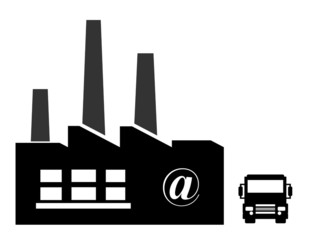 Arobase sur une usine et un camion de livraison