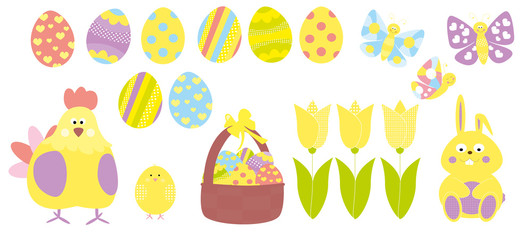 Easter set with hen, eggs, backet