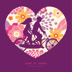 Vector warm summer plants couple on tandem bicycle heart
