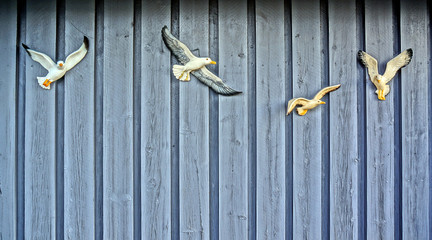 White figures seagulls on wooden wall