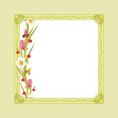 Decorative green frame with spring flowers and butterflies