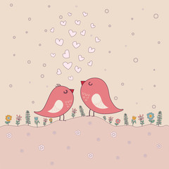 love theme card with cute birds in flower scene. vector illustra