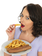 Young Woman Eating Jumbo Sausages and Chips