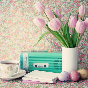 Pink tulips and vintage objects