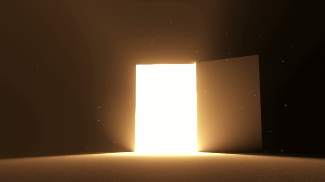 Door open to bright light warm yellow new opportunity epiphany a