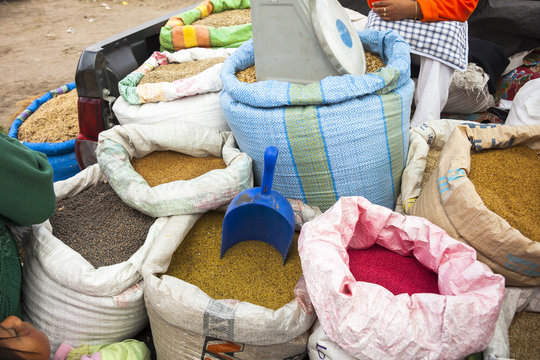 A grain packed in a bag at andean market. Saquisili Ecuador