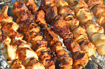 Shish kebab on skewers and hot coals
