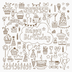 Hand drawn Birthday elements. Set of vector birthday party eleme