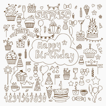Hand drawn Birthday elements. Set of vector birthday party eleme