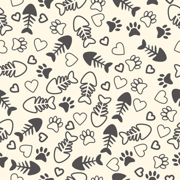 Seamless pattern with cat paw prints, fish bone, and hearts. End