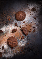 Homemade chocolate cookies on dark background