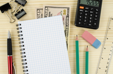 Office, business tools with blank notebook on wooden table