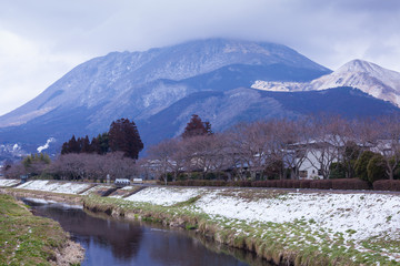 Small village with mountain and river