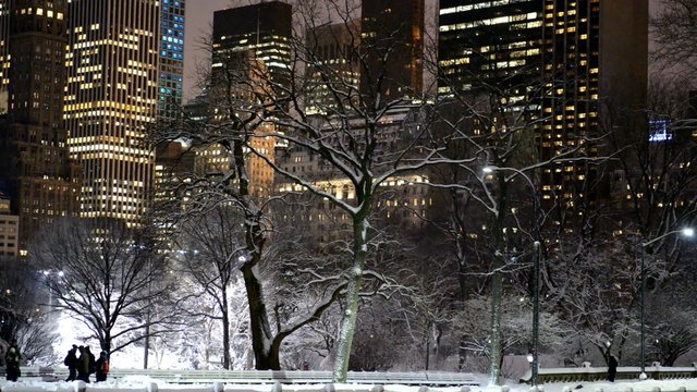 Manhattan skyline at night after snowstorm