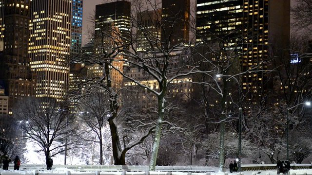 Manhattan skyline at night after snowstorm