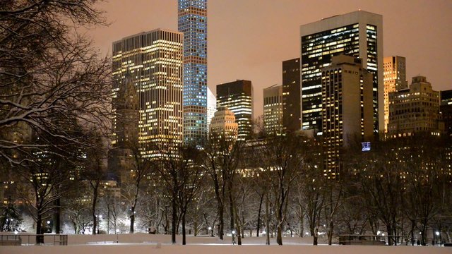Manhattan skyline at night after snowstorm