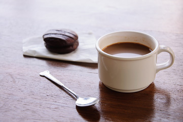Short focus of abstract coffee time, coffee break with bakery