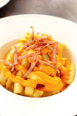 French fries topped with cheese on plate.