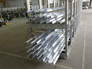 Aluminum lines stock rack in a factory.