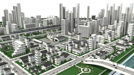 市街地の鳥瞰図の3D-CG