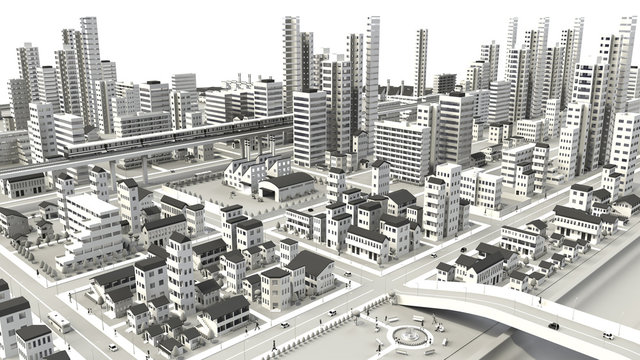 市街地の鳥瞰図の3D-CG