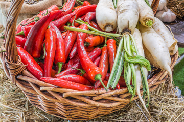 radish and chili in basket