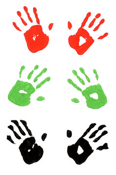 Handprints or hand print multicolor pairs isolated on white background photo