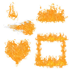 set of orange fire elements collection on white